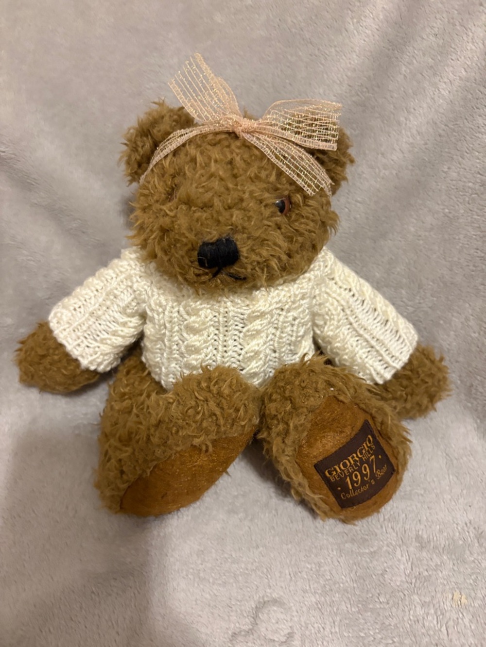 Brown Teddy Bear Plush with Cream Knit Sweater and Bow